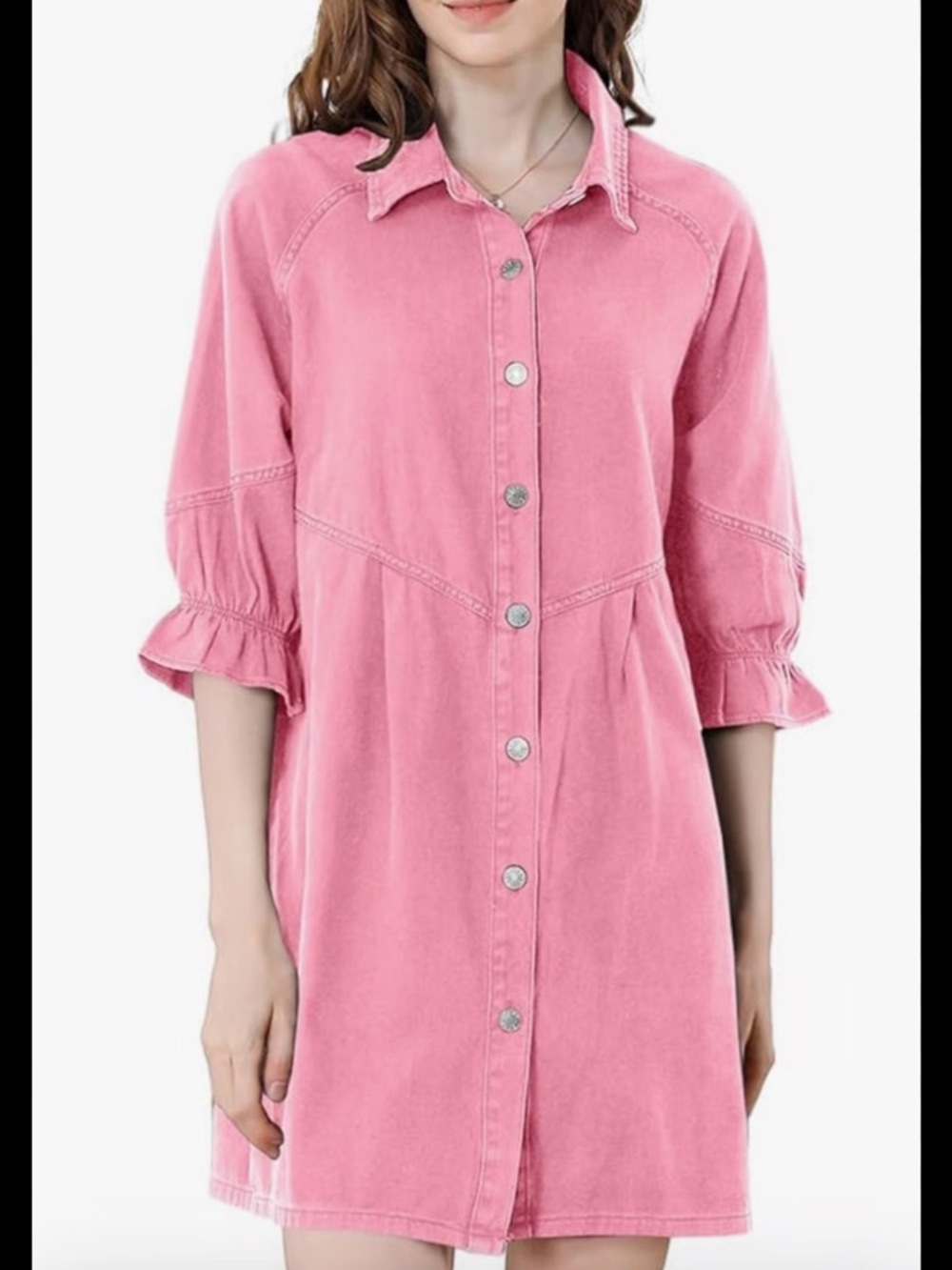 Pink Denim Button-Front Shirt Dress